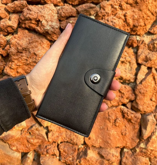 Tri-Fold Pure Leather Long Wallet for Men & Women – Genuine Cow Leather Fashion Wallet with Multiple Card Slots, Cash & Mobile Compartments – Stylish Smooth Pattern in Brown, Black & Blue (18×9×2cm) - Black